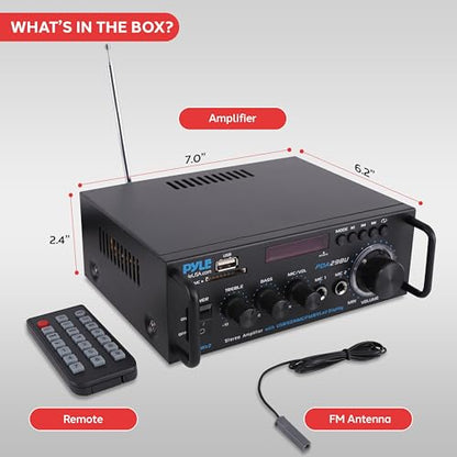 Pyle 200W Stereo Power Amplifier with Bluetooth - Dual Channel Audio Receiver - LED Display - RCA - USB - SD - MIC IN - FM Radio - AUX Input - Perfect for Home & Computer Audio - PDA29BU.5