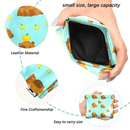 Leather Waterproof Portable No Zipper Purse, Coin Pocket Pouch Change Holder, Small Storage Bag for Men Women Headset Credit Card ID Key Lipstick, (Cute Capybaras)