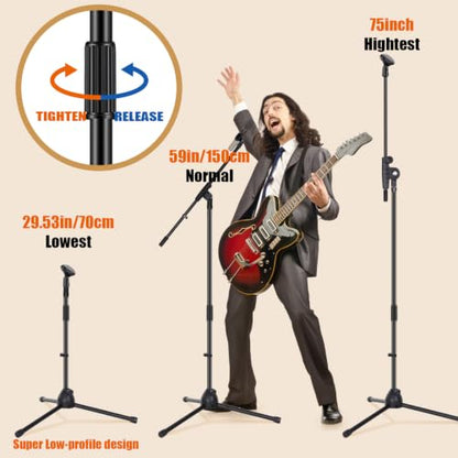 Tellegloww 2 Pcs Microphone Stand Tripod Boom Arm Podium Studio Mic Stand Adjustable Height 75 Inches, Microphone Arm to 27 Inches Comes with 3/8 Inch and 5/8 Inch Mount Adapters