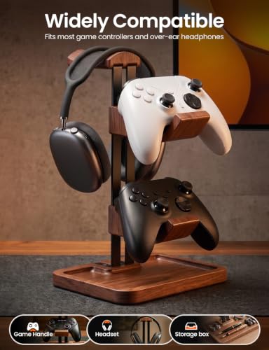 LOXP Walnut Headphone and Controller Stand, 2-in-1 Holder with Storage | Solid Wood Gaming Headphone Stand, Built-in Storage, Non-Slip, Fits Xbox PS5 Switch Controllers, Desktop Organizer for Gamers