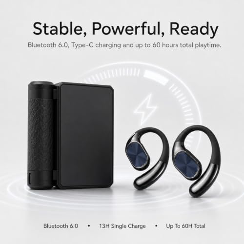 Dual Fold Earbuds Bluetooth 6.0, IPX5 Wireless Earphones for Running, Open Design Ergonomic Ear Hook Headphones with 14.2mm Air Conduction Driver, Noise Canceling (Black) - color: Black