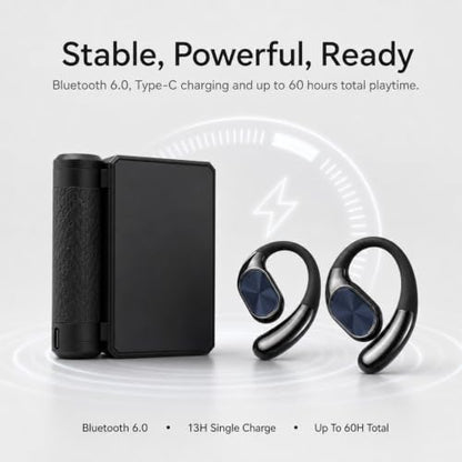 Dual Fold Earbuds Bluetooth 6.0, IPX5 Wireless Earphones for Running, Open Design Ergonomic Ear Hook Headphones with 14.2mm Air Conduction Driver, Noise Canceling (Black) - color: Black
