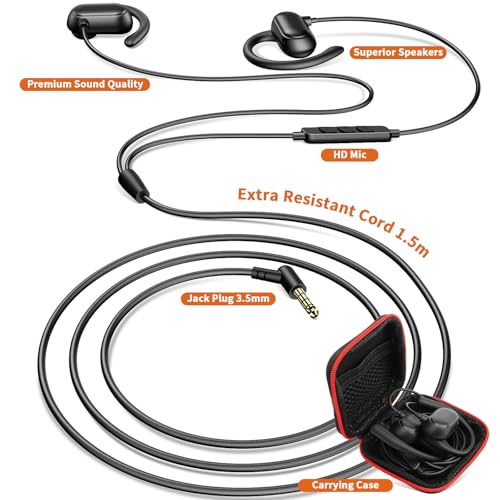 ACANDYA 3.5mm Wired Earbuds Open Ear Headphones Sport Headset with Mic | Over Ear Earphones for iPod/MP3 Laptop for Android Airplane School Students Running Exercise Gym Workout Black