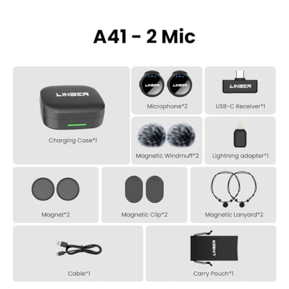 A41 Wireless Lavalier Microphone for iPhone/Android, 2TX with Case | 2.4GHz dual TX wireless mic, ENC noise cancelling, digital display, 40H battery, plug and play