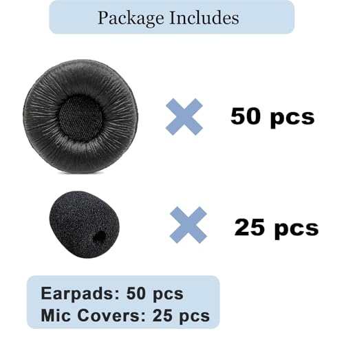 50 Pack Plantronics Headset Ear Cushions, Earpads Replacement 50mm Ear Pads | Work for Plantronics HW251N HW261N HW510 HW520 Blackwire 3220 3210 3320 C320 Jabra PRO 920 930 935 Biz 1500 GN2000 Headphones