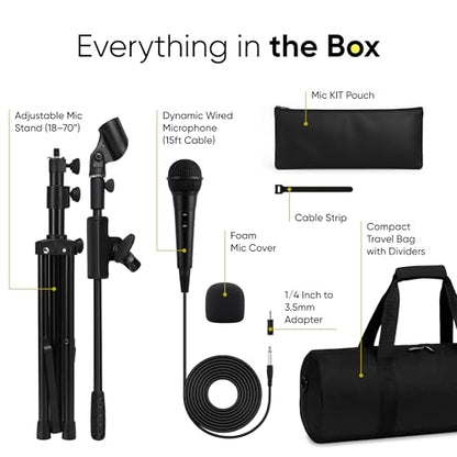Bowens Dynamic Microphone for Singing with Adjustable Mic Stand (18–70”), 17" Boom, Handheld Microphone for Speakers, Karaoke – Includes Cable, Adapter, Foam Covers & Case
