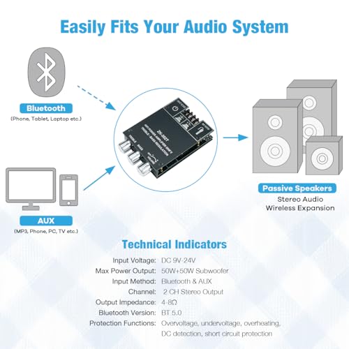 ZK-502T 100W Bluetooth 5.0 Amplifier Board with Treble and Bass Control, TPA3116D2 50Wx2, Bluetooth AMP Board for Home Passive Speakers - style: ZK-502T