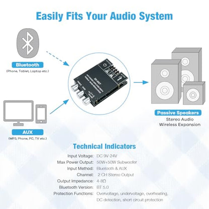 ZK-502T 100W Bluetooth 5.0 Amplifier Board with Treble and Bass Control, TPA3116D2 50Wx2, Bluetooth AMP Board for Home Passive Speakers - style: ZK-502T