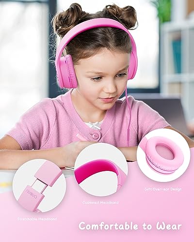 Wired Headphones with Microphone, K16 On-Ear Headphones for Kids with 3.5MM Jack, Foldable Stereo Bass Headphone for Teens School Amazon Kindle, Fire, Chromebook, Tablet (Pink Red)