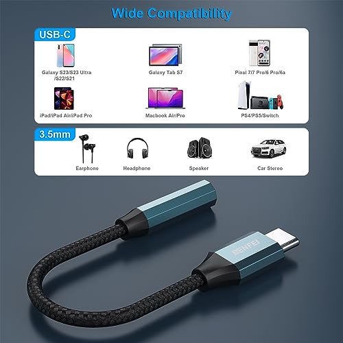 BENFEI USB C to Audio Jack Adapter with DAC chipset, USB-C to 3.5mm Female Headphone Compatible with iPhone 15 Pro Max/15 Pro/15, Samsung Galaxy S24/S23/S22/S21 Ultra, iPad Pro, Pixel 8 Blue - color: Blue