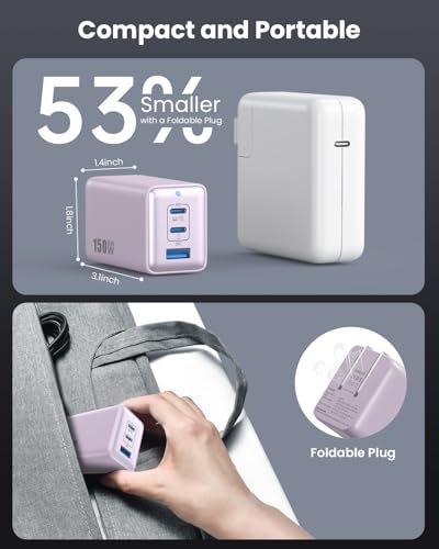 150W USB C Charger Block,GaN III Compact Foldable Wall Charger 3 Port Fast Charging Station,PD QC PPS Portable USB C Hub 100W Laptop Adapter for MacBook Pro/Air,iPad,iPhone 16/Pro,Galaxy S24,Dell etc - color: Purple