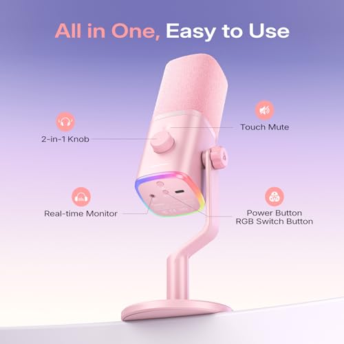 MAONO PD100W Wireless Dynamic Microphone for iPhone, Android & PC (Pink) | USB-C & Lightning Receivers, Noise Reduction,RGB Lighting, Software EQ, for Gaming, Streaming and Content Creation - color: Pink