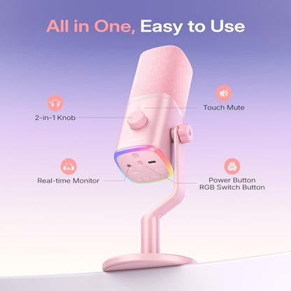 MAONO PD100W Wireless Dynamic Microphone for iPhone, Android & PC (Pink) | USB-C & Lightning Receivers, Noise Reduction,RGB Lighting, Software EQ, for Gaming, Streaming and Content Creation - color: Pink
