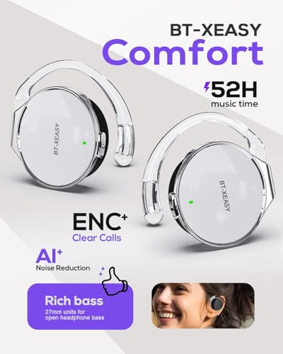On Ear Bluetooth Headphones, Open-Ear Headphones Wireless with 4-Mic ENC for Crystal Clear Calls, 52H Total Battery, Dual Device, Sport Clip On Headset for Running & Travel，Non-speaker (Snow-white) - color: Snow-white