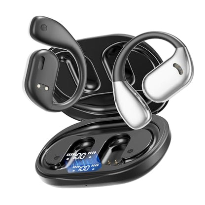 Open Ear Earbuds Bluetooth Wireless Headphones with LED Power Display, 48h Playtime, IPX6 Waterproof Comfortable for Workout, Running, Cycling (Black) - color: Black