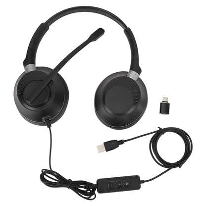 Phone Headset, Dual Ear Call Center Headset with Microphone, Noise Canceling, USB to USB C Adapter, for Office, PC, Laptop