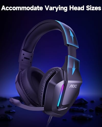 AOC Wired Gaming Headset, Headphones for Xbox Series PS5 PC Switch, Black | Surround Sound, Noise Canceling Over-Ear Gaming Mic, RGB Lights, 50mm Drivers, 3.5mm Jack - color: Matte Black