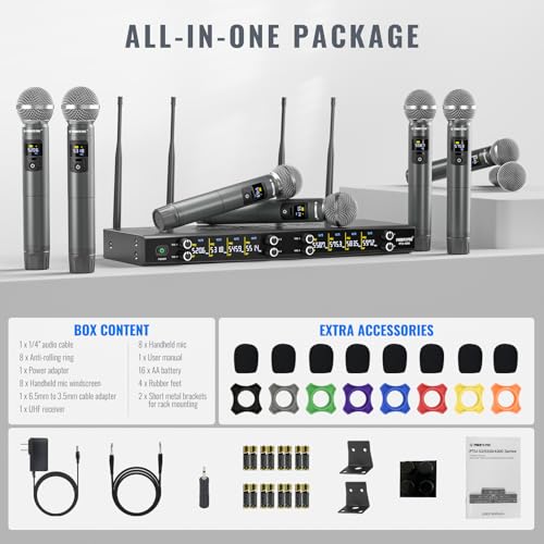 Phenyx Pro 8-Ch UHF Metal Dynamic Wireless Microphone System PTU-4200-8H | 8 Handheld Mics, 8 x 20 Frequencies, 200 ft Range, Karaoke, Church Services, DJ Sets
