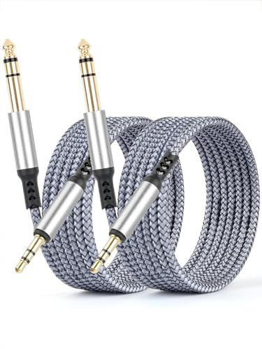 2 Pack 3.5mm to 6.35mm Audio Cable 1/8 to 1/4 TRS Stereo Cable 6.6ft | 6.6ft Guitar Stereo Audio Male Cable with Nylon Braided Cord for Laptop Home Theater Equipment Speakers and Amplifiers Silver
