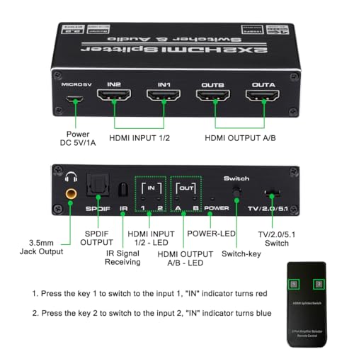 HDMI Switch 2x2, 2 Ports HDMI Switch Splitter 2 in 2 Out with IR Remote Control, Support HDMI 2.0, HDCP 2.2, Ultra HD, 4K x 2K@60Hz, 3D, 1080P (Dual Monitors Duplicate/Mirror Only)
