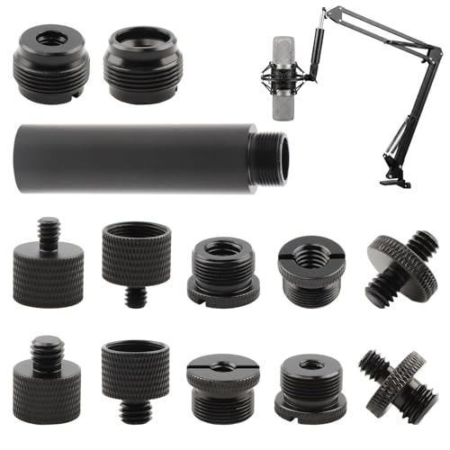 13-Pack Microphone Stand Adapter Set with Extension Tube, 3/8 to 5/8 and 1/4 Threaded Screw Mount, Black Aluminum Alloy for Mic Boom Arm, Tripod, Projector Stand and Lighting Equipment