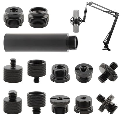 13-Pack Microphone Stand Adapter Set with Extension Tube, 3/8 to 5/8 and 1/4 Threaded Screw Mount, Black Aluminum Alloy for Mic Boom Arm, Tripod, Projector Stand and Lighting Equipment