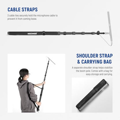 NEEWER Upgraded Microphone Boom Pole, 9.8ft/300cm, MS-300CB (Black) | Telescopic Carbon Fiber Mic Boom Arm, 5 Sections, 1/4" 3/8" 5/8" Screw Adapters, Cable Straps, Shoulder Strap, Storage Bag - style: MS-300CB