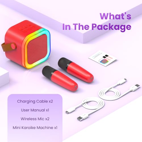 Mini Karaoke Machine, Portable Bluetooth Speaker & 2 Wireless Microphones | Karaoke Player Karaoke Microphone For Family Home Party Outdoor With HI-FI Sound | 5 Magic Sound | PA System | USB | TF | AUX - color: Red