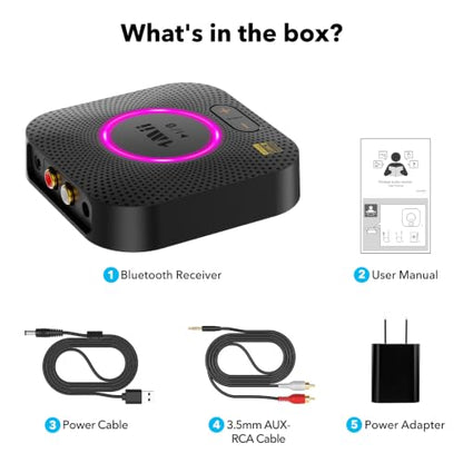 1Mii B06S+ LDAC Bluetooth 5.3 Receiver for Home Stereo Hi-Res Music Streaming, Hi-Fi Wireless Audio Adapter with aptX HD/LL, Long Range, Volume Control, RCA/3.5mm AUX Outputs - color: B06S+