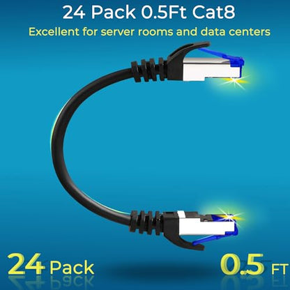 Rapink Patch Cables Cat8 0.5ft 24 Pack Slim, Cat8 Ethernet Patch Cable 40G Support, Snagless Cat 8 Patch Cable for Patch Panel to Switch, Flexiable Cat 8 Ethernet Cable Datacenter with Gold Plated - size: 0.5ft, style: 24 Pack