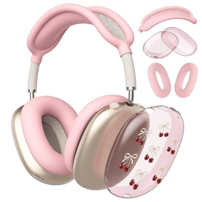 Cute Red Bow Cherry Clear Case for Airpods Max Headphones Lovely Girl Print Soft TPU Ear Cups Cover Anti-Scratch Silicone Ear Pad Protective Case 53 Headband Cover for Apple Airpods Max - color: red cherrybows 31