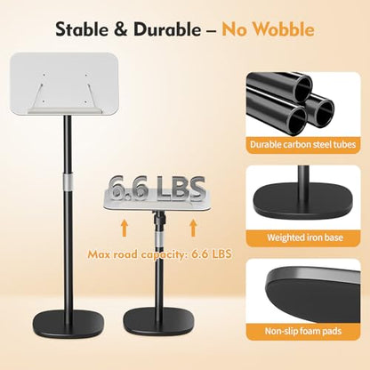 Floor Book Stand for Reading, Height Adjustable 26”-56”Music Stand | Reading Stand with Tilt Panel & Page Clips, Stable Weighted Base, Holds Books, Music Sheets & 15” Laptops