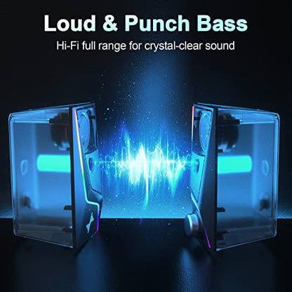 Nylavee Computer Speakers for Desktop, PC Speakers with 6 Lighting Modes | USB Powered with 3.5mm AUX, Dual Speaker Units and 2 Bass-Boost Ports for PCs, Laptops and Monitors
