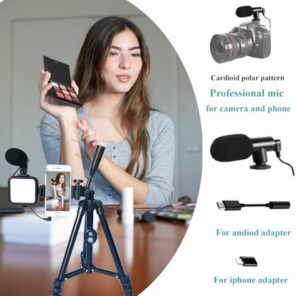 Vlogging Kit for iPhone, Vlogging kit for Android Phone,YouTube Starter Kit with Two Tripods Light Microphone Remote and Jack Adapter - size: M with Shotgun Mic