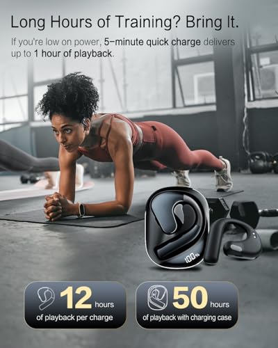 Open Ear Headphones, 50H Playtime & 3 EQ Modes for Workout, Black | Dynamic Bass Boost Bluetooth 5.4 Air Conduction Wireless Earbuds w/16.2mm Large Driver, 3 EQ Modes, ENC Mic, IPX5 - color: Beige