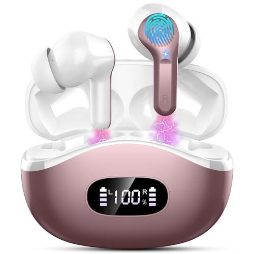 Wireless Earbuds, 2026 Bluetooth 5.4 Headphones NEW Ear Buds 40H Bass Stereo in-Ear Earphones ENC Noise Cancelling Earbuds with 4 HD Mic, USB-C LED Display IP7 Waterproof Sport Headset for Android iOS - color: Rose