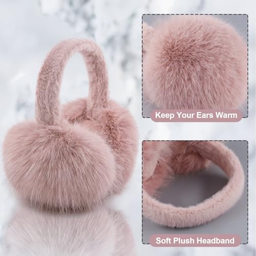 Earmuffs for Women Girls Faux Fur Fuzzy Headband Foldable Ear Covers Cold Weather Accessory - color: Pink