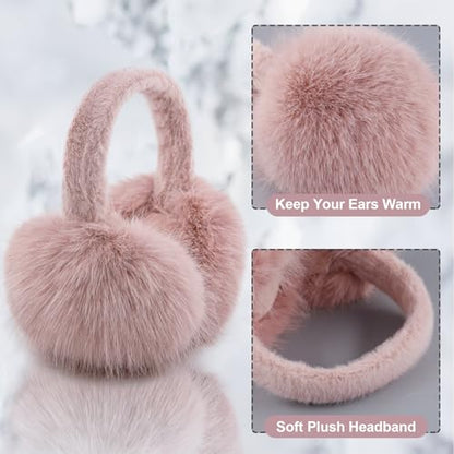 Earmuffs for Women Girls Faux Fur Fuzzy Headband Foldable Ear Covers Cold Weather Accessory - color: Pink