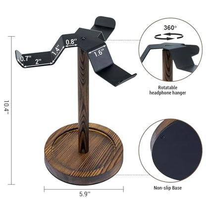 MyGift Industrial Matte Black Metal Headphone Stand with Burnt Wood Tray – Desktop Headset and Gaming Controller Holder for Office, Studio, or Console Setup - color: Dark Brown