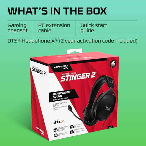 HyperX Cloud Stinger 2 – Wired PC Gaming Headset with Mic Noise Cancelling Over-Ear DTS Headphone:X Spatial Audio 50mm Drivers Swivel-to-mute Premium Leatherette for Windows Desktop, Black (Renewed)