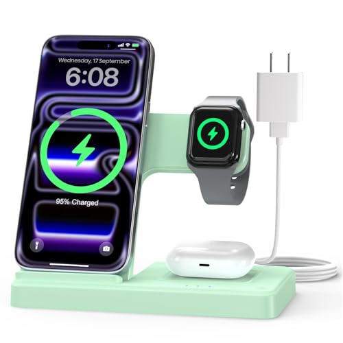 GETPALS Wireless Charger iPhone Charging Station for Apple Multiple Devices | 3 in 1 Charger Stand for iPhone 17 Pro Max 17e 16 16e 15 14 13 12 & Watch Series 11-2 SE Ultra & Airpods 4 3 Pro, Light Green - color: Light Green