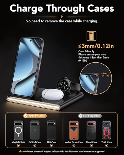 3 in 1 Foldable Wireless Fast Charging Station for Google Pixel Watch 4 | Google Charging Station for pixel 10, Travel Pixel Watch 4 Charger Stand, Light Nightstand Charging Dock (Only for Watch 4) - color: Black