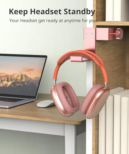 Headphone Stand for Desk – Aluminum Under Desk Headset Stand with Foldable Hook, Headphone Holder Clamp Mount for Gaming Accessories, Space-Saving Headset Hanger - color: Pink