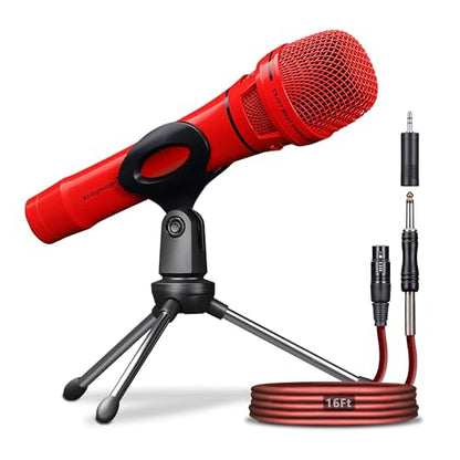 Dynamic Microphone - Professional Vocal Microphone for Singing - Premium Handheld Wired Mic with 16ft XLR to 1/4" Audio Cable - Microfono for Speaker, Mixer, Amplifier & Karaoke Machine - color: A-Red