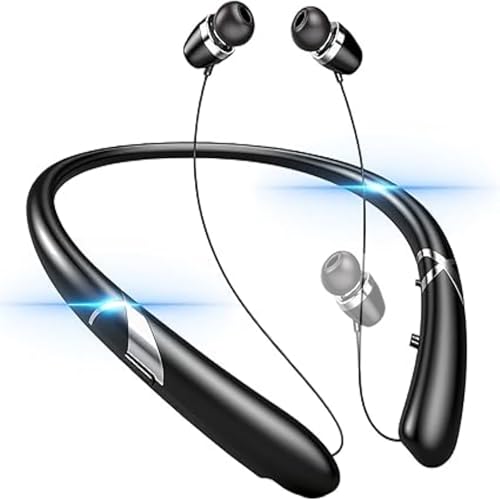Retractable Wireless Earbuds Neckband, Bluetooth 6.0 Headphones with 24H Playtime, IPX5 Sweatproof, CVC 8.0 Noise Cancellation, Stereo Bass Sport Earphones for Gym/Running/Travel - color: Black