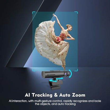 TOALLIN 2K Streaming Webcam, AI Auto Tracking, Gesture Control, Dual Mic