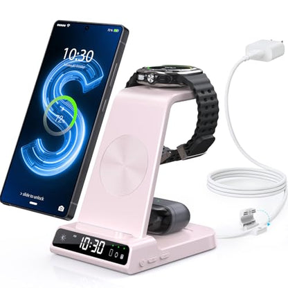 Wireless Charger for Samsung Charging Station with Clock for Samsung Galaxy S25 Ultra/S24 Ultra/Z Flip 6/5/Fold 5/Bud 2, 3 in 1 Charging Station Watch Charger for Samsung Galaxy Watch 7/6/5Pro(Pink) - color: Pink