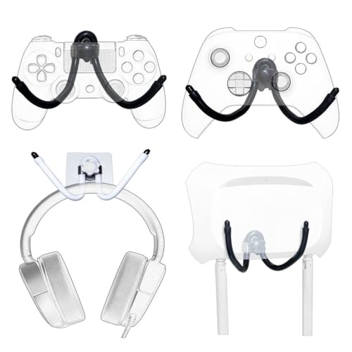 Moldable Adhesive Wall Hooks, Bendable Controller Mount for Gaming, Universal Headset & Router Holder, No Drill Peel & Stick, Silicone Material, 4 Pack (2W/2B)