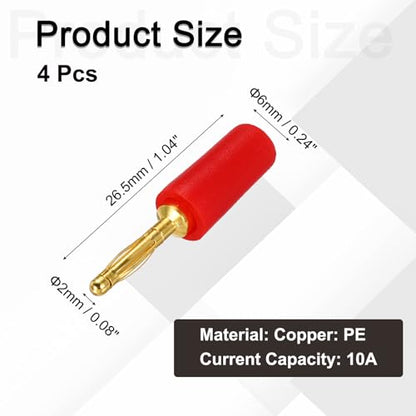 MECCANIXITY 4 Pcs 2mm Banana Plugs, 10A 6mm OD 26.5mm Length Speaker Wire Cable Plugs Connectors, Banana Jack Connector for Speaker Wire Audio Cable, Red - color: Red