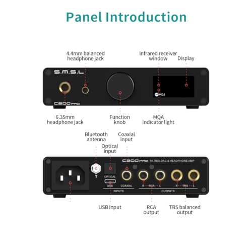 SMSL C200PRO MQA MQA-CD DAC & Headphone Amplifier ES9039Q2M Chip Gaming DAC | Blutooth5.1 USB2.0/1.1 for PS4/PS5/SW/PC Home Audio 6.35mm&4.4mm HP USB/Optical/Coaxial/BT Input 4 dual op amps OPA1612A